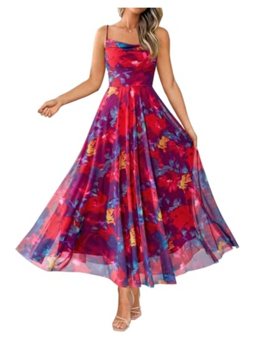 Women's Floral Maxi Dress A-Line Cowl Neck Sleeveless Wedding Guest